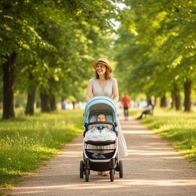 eine glückliche mutter mit ihrem kinderwagen spaziert im park
